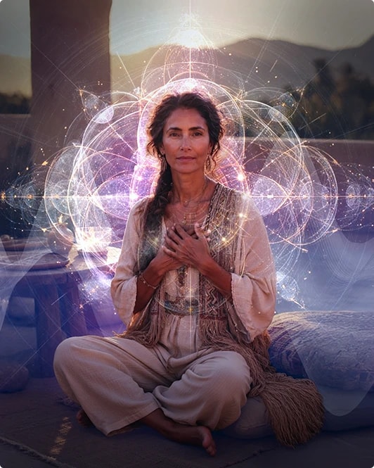 Woman seated in meditation surrounded by radiant energy